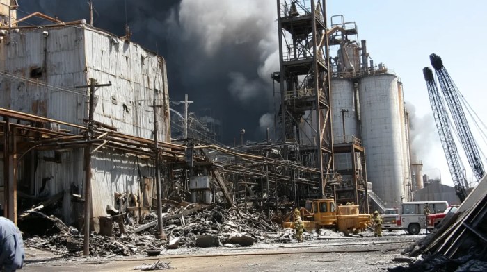 Explosion in Industrial Warehouse with Rising Smoke. Intense Action and ...